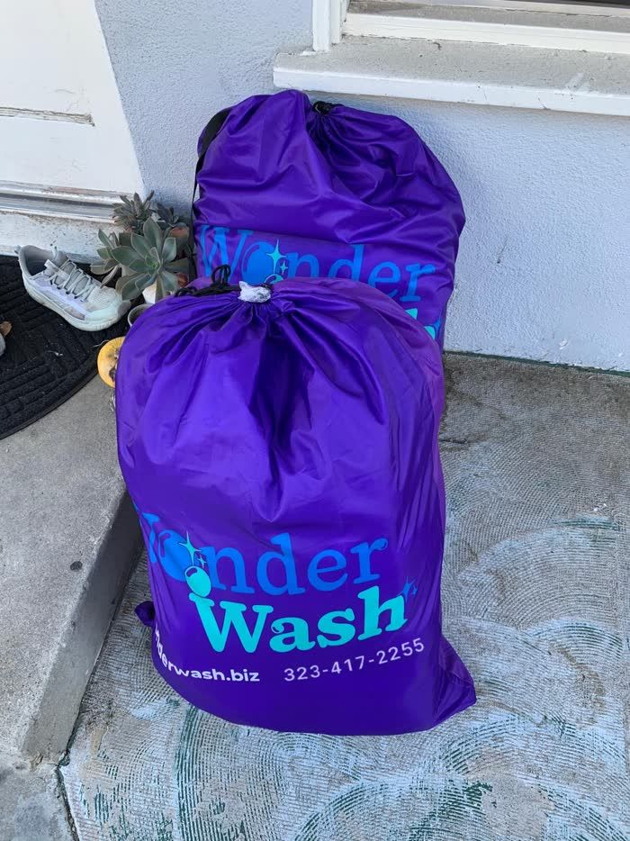 Two WonderWash pickup bags waiting on a front step